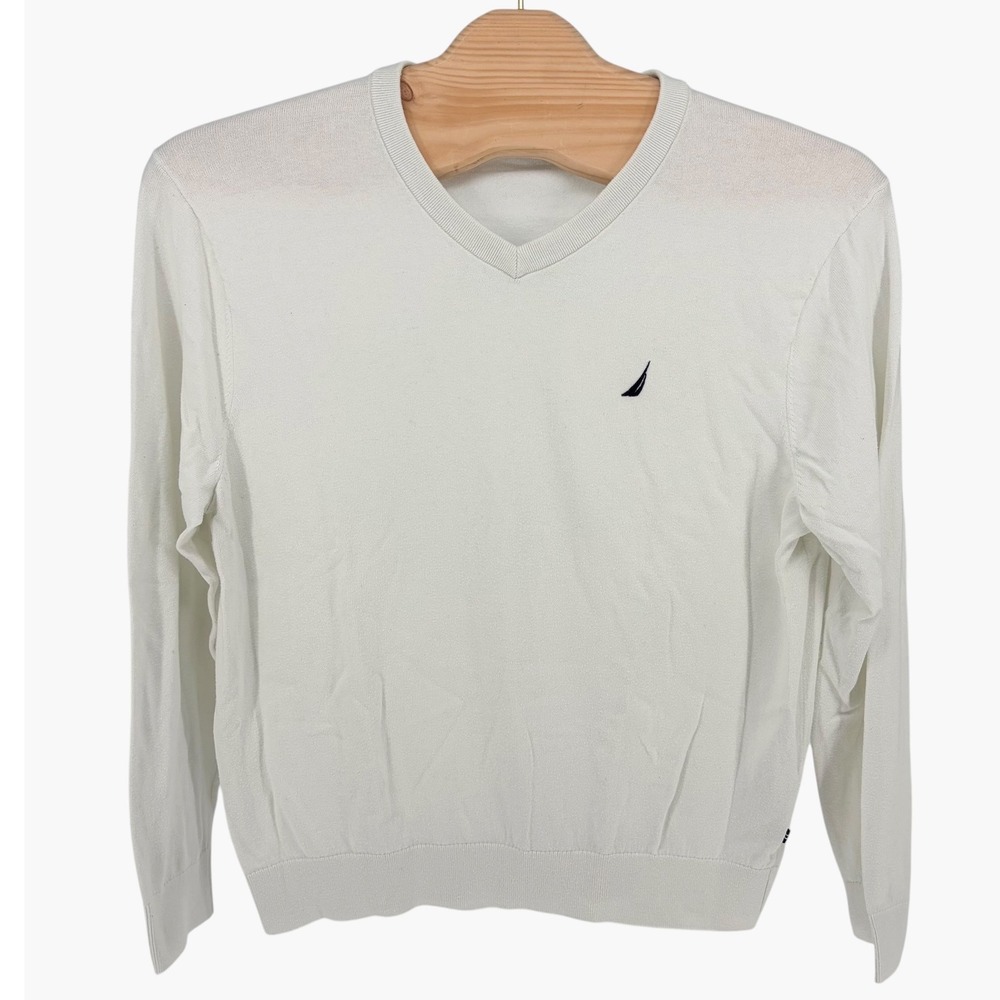 Nautica Navtech V-Neck Sweater XXL White Cotton Blend Long Sleeve Pullover